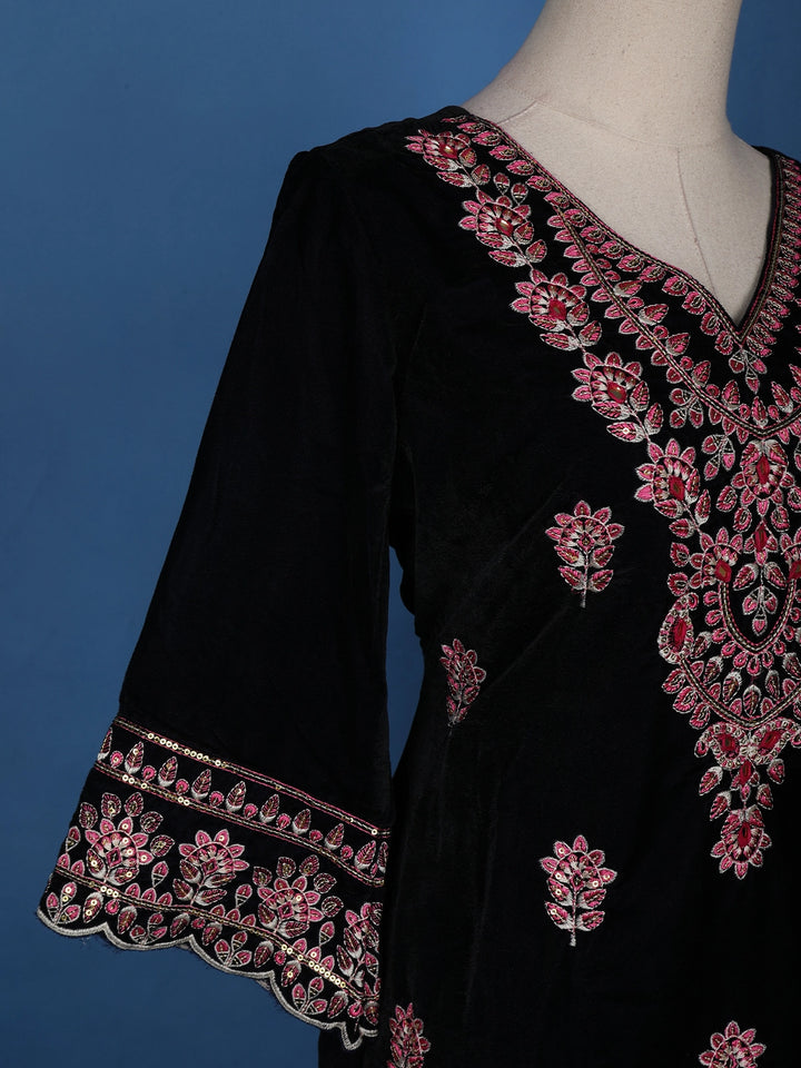 Dark Blue Floral Designed Velvet Salwar Suit - Diadem