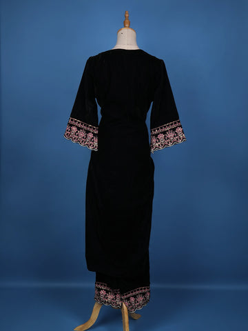 Dark Blue Floral Designed Velvet Salwar Suit - Diadem