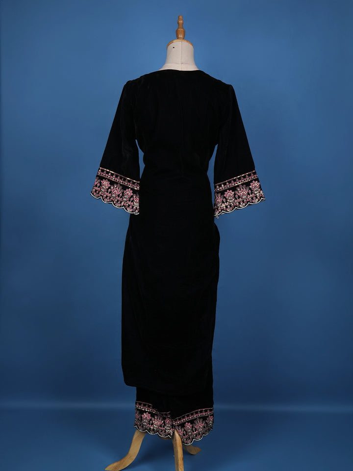 Dark Blue Floral Designed Velvet Salwar Suit - Diadem