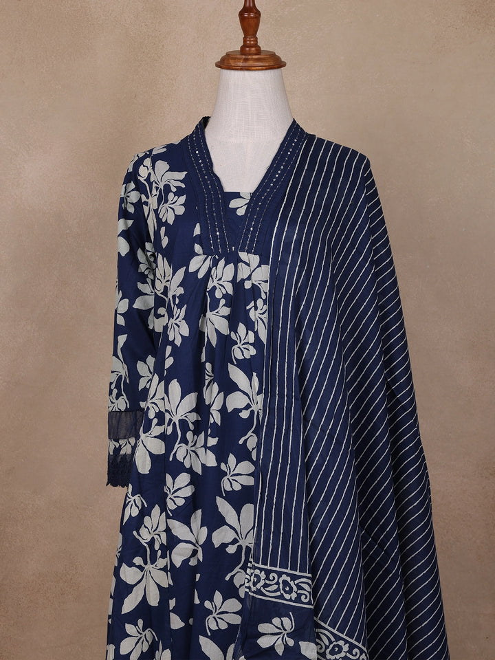 Dark Blue Floral Designed Cotton Salwar Suit - Diadem