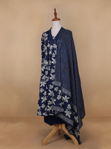 Dark Blue Floral Designed Cotton Salwar Suit - Diadem