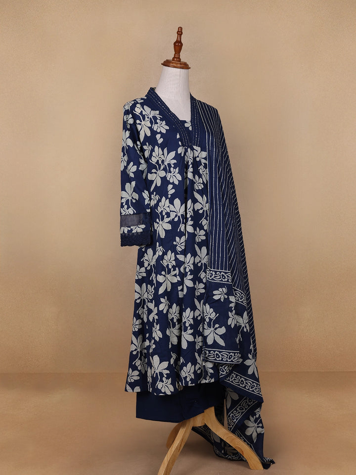 Dark Blue Floral Designed Cotton Salwar Suit - Diadem