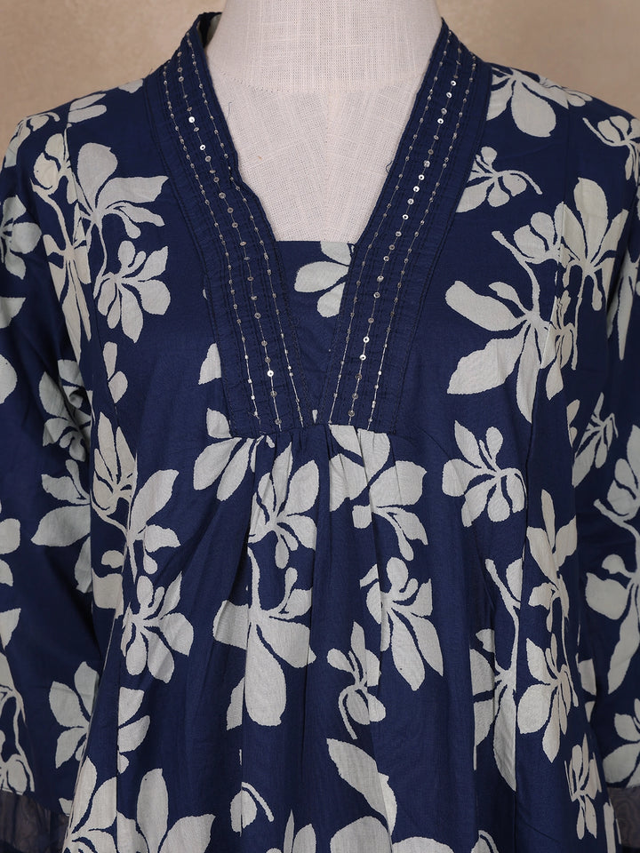 Dark Blue Floral Designed Cotton Salwar Suit - Diadem