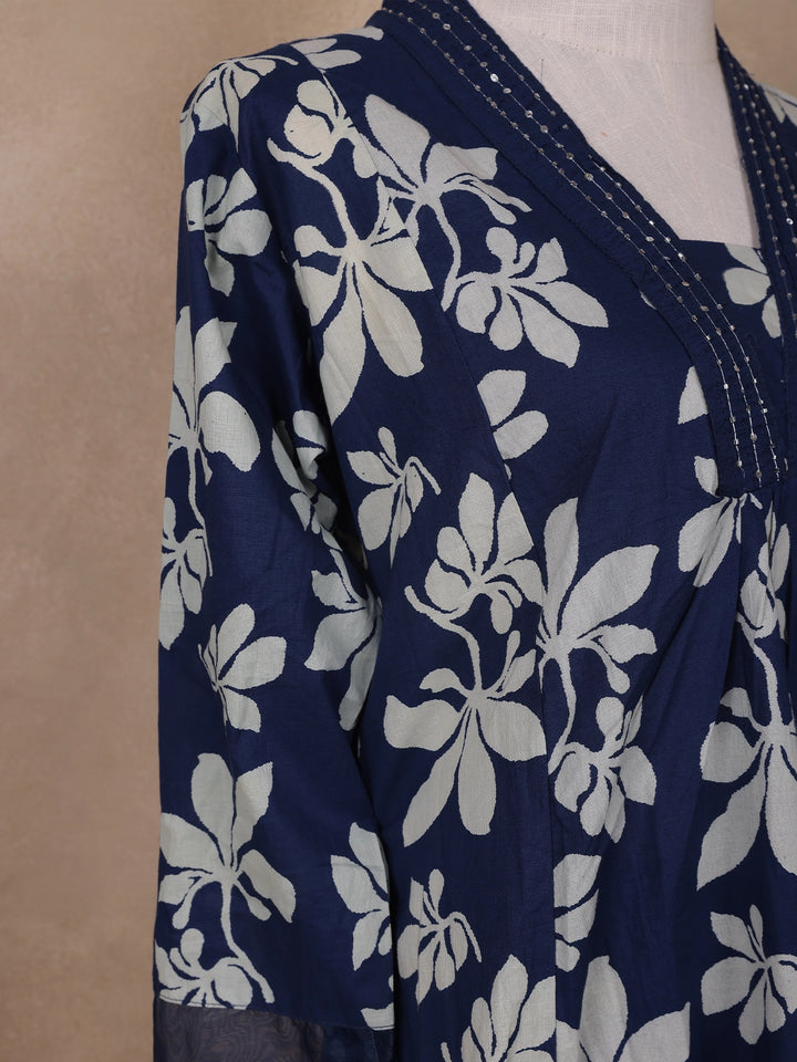 Dark Blue Floral Designed Cotton Salwar Suit - Diadem