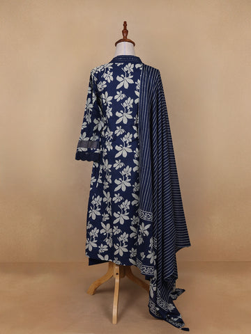 Dark Blue Floral Designed Cotton Salwar Suit - Diadem