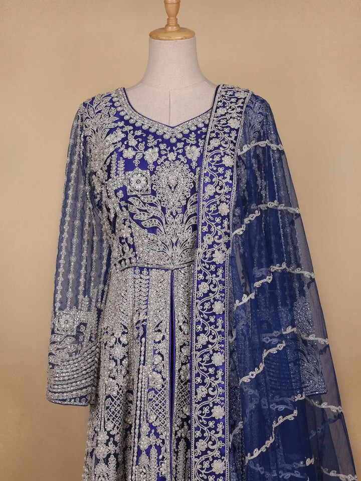 Dark Blue Floral Embroidery Net Bridal Gown - Diadem