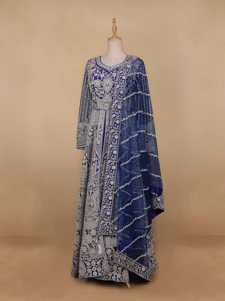 Dark Blue Floral Embroidery Net Bridal Gown - Diadem