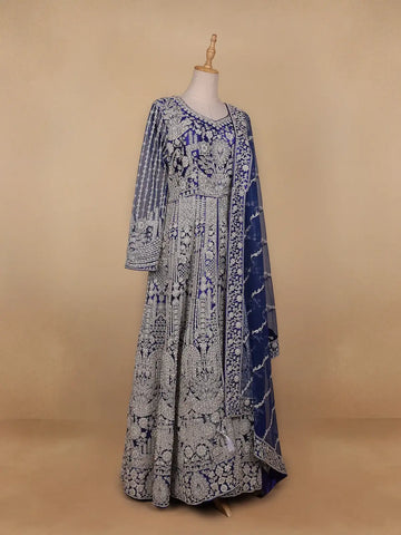 Dark Blue Floral Embroidery Net Bridal Gown - Diadem