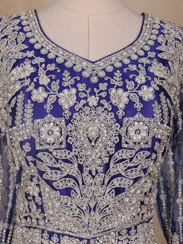 Dark Blue Floral Embroidery Net Bridal Gown - Diadem