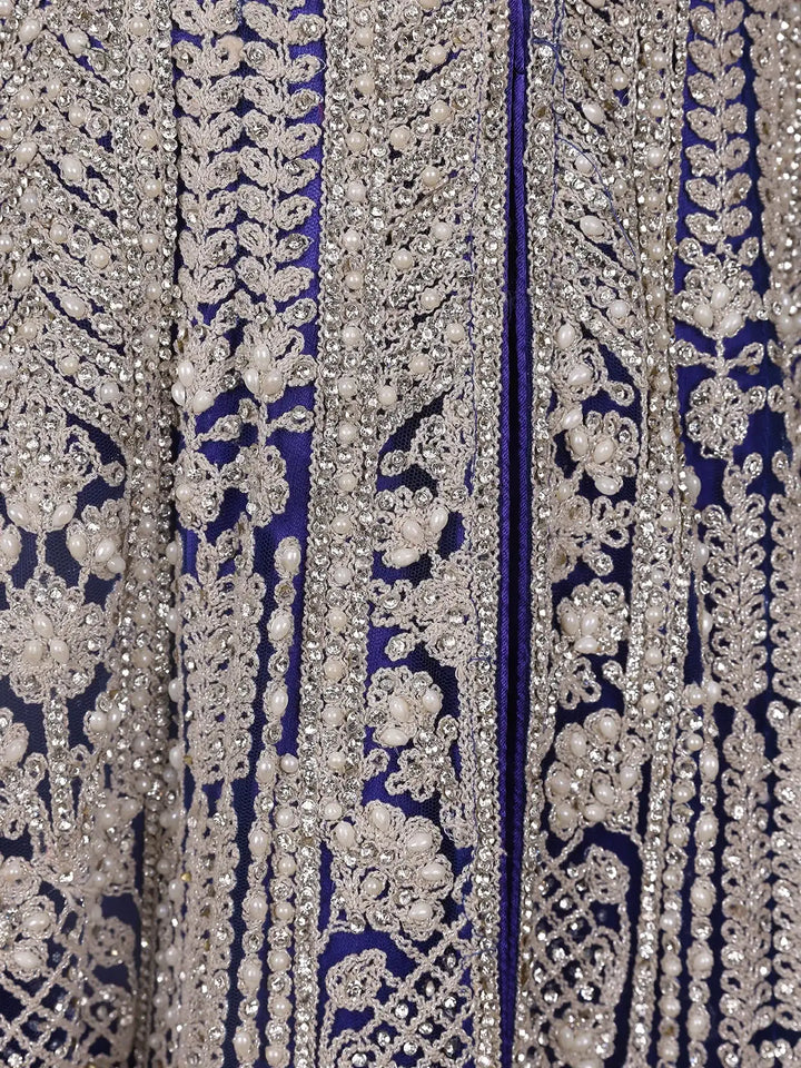 Dark Blue Floral Embroidery Net Bridal Gown - Diadem