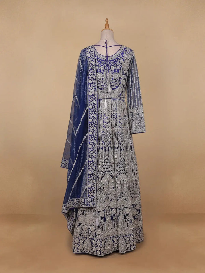Dark Blue Floral Embroidery Net Bridal Gown - Diadem