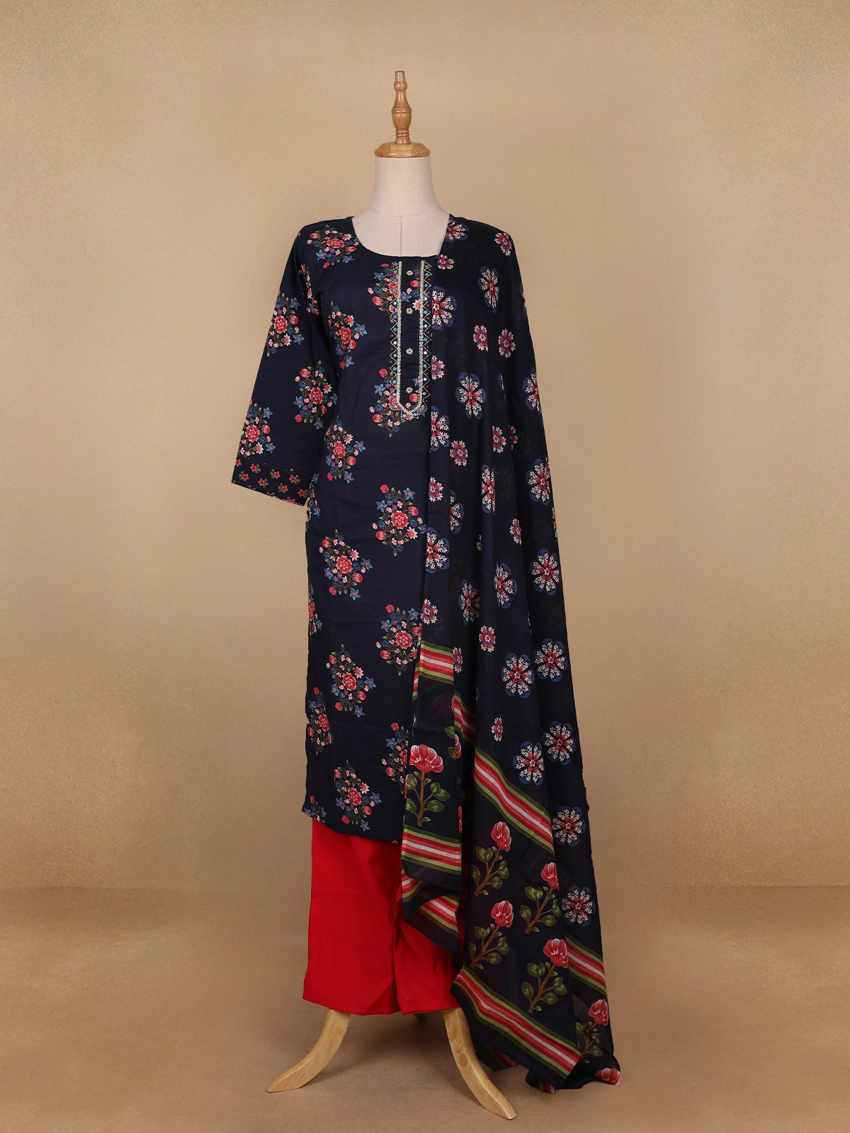 Dark Blue Floral Prints Cotton Straight Cut Salwar Suit - Diadem