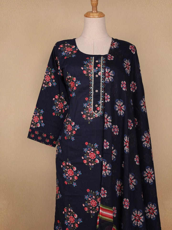 Dark Blue Floral Prints Cotton Straight Cut Salwar Suit - Diadem