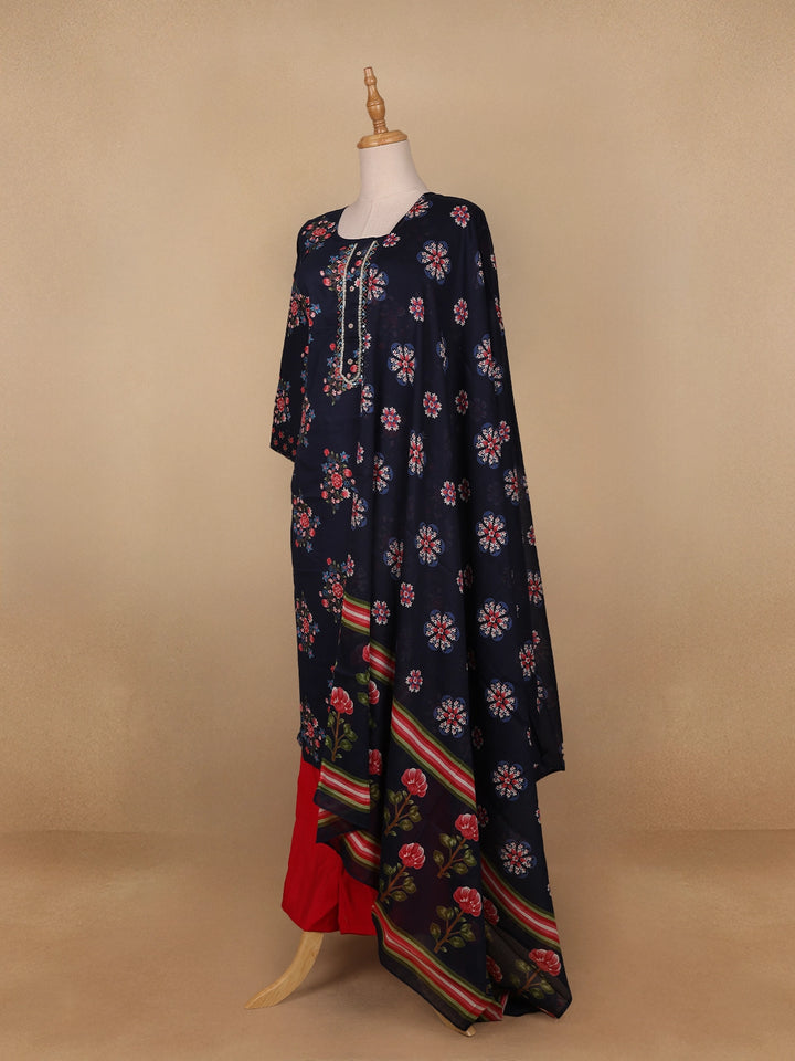 Dark Blue Floral Prints Cotton Straight Cut Salwar Suit - Diadem