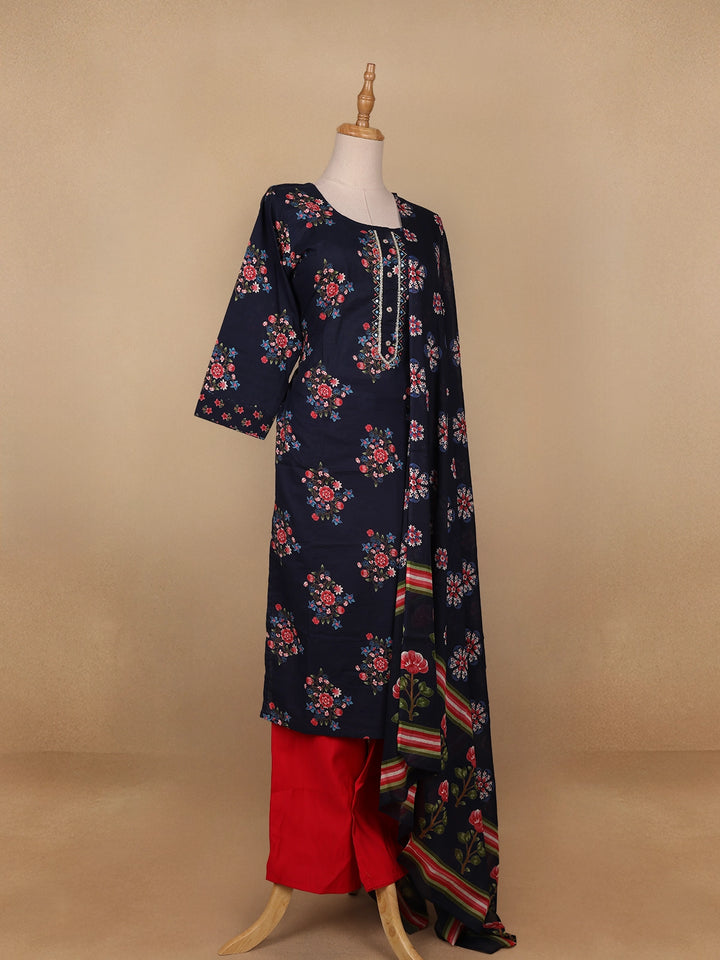 Dark Blue Floral Prints Cotton Straight Cut Salwar Suit - Diadem
