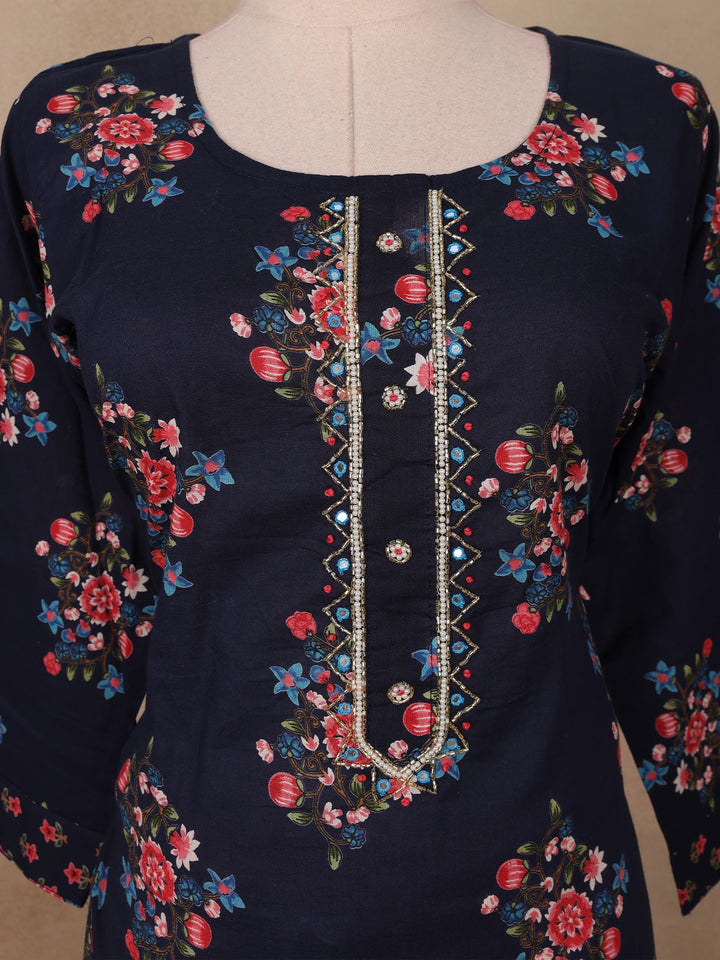 Dark Blue Floral Prints Cotton Straight Cut Salwar Suit - Diadem