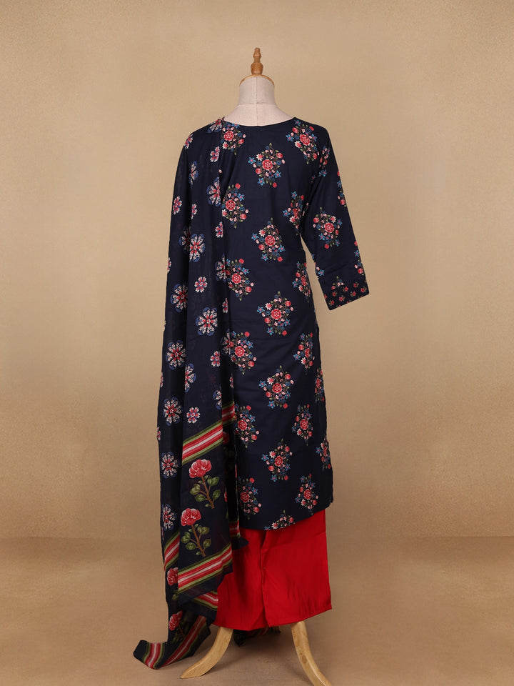 Dark Blue Floral Prints Cotton Straight Cut Salwar Suit - Diadem