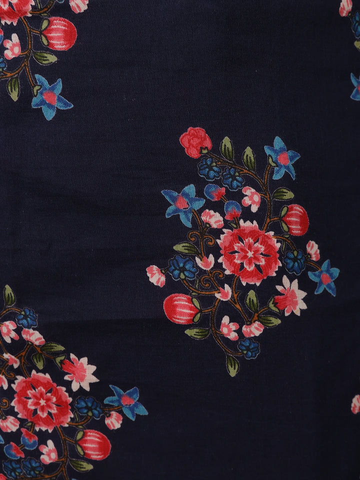 Dark Blue Floral Prints Cotton Straight Cut Salwar Suit - Diadem