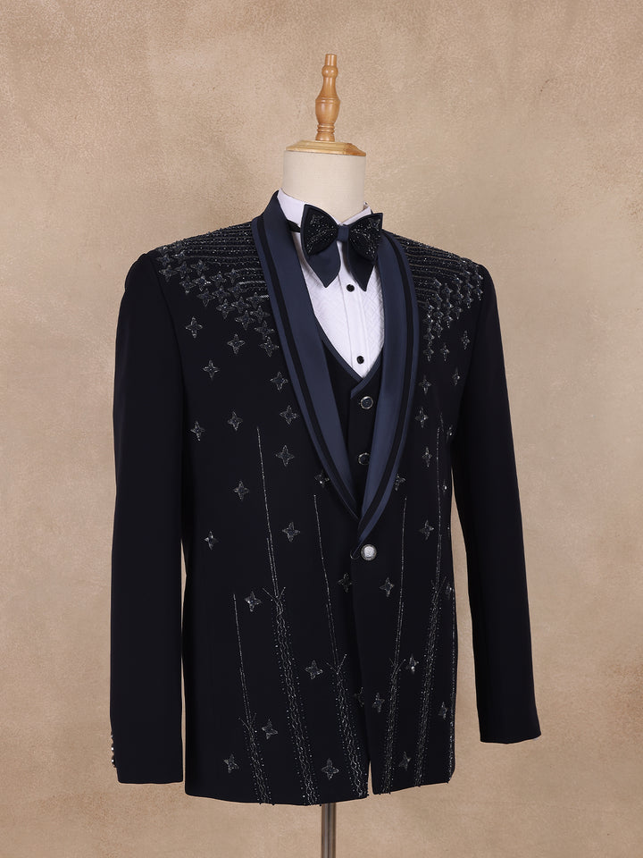 Dark Blue Floral Designed Men's Suit - Diadem
