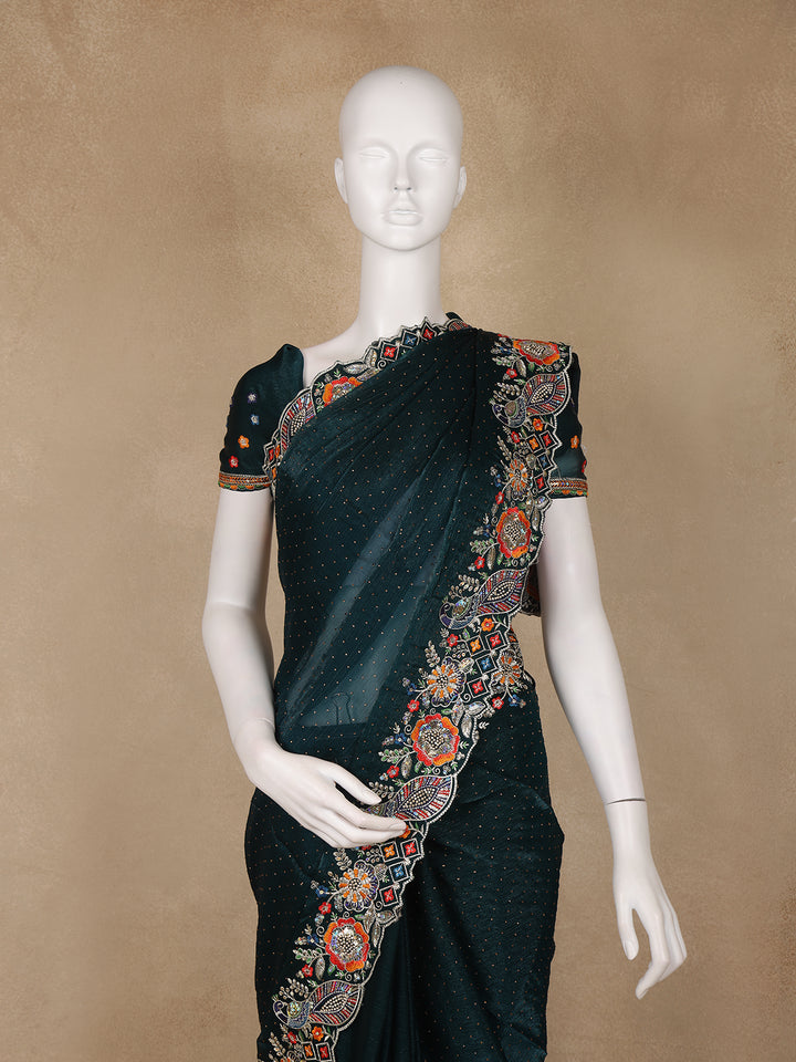 Dark Bottle Green Floral Embellished Chiffon Saree - Diadem