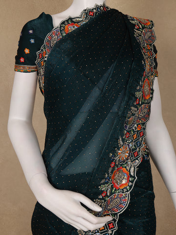 Dark Bottle Green Floral Embellished Chiffon Saree - Diadem