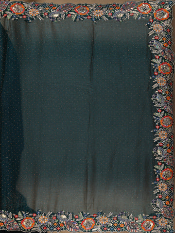 Dark Bottle Green Floral Embellished Chiffon Saree - Diadem