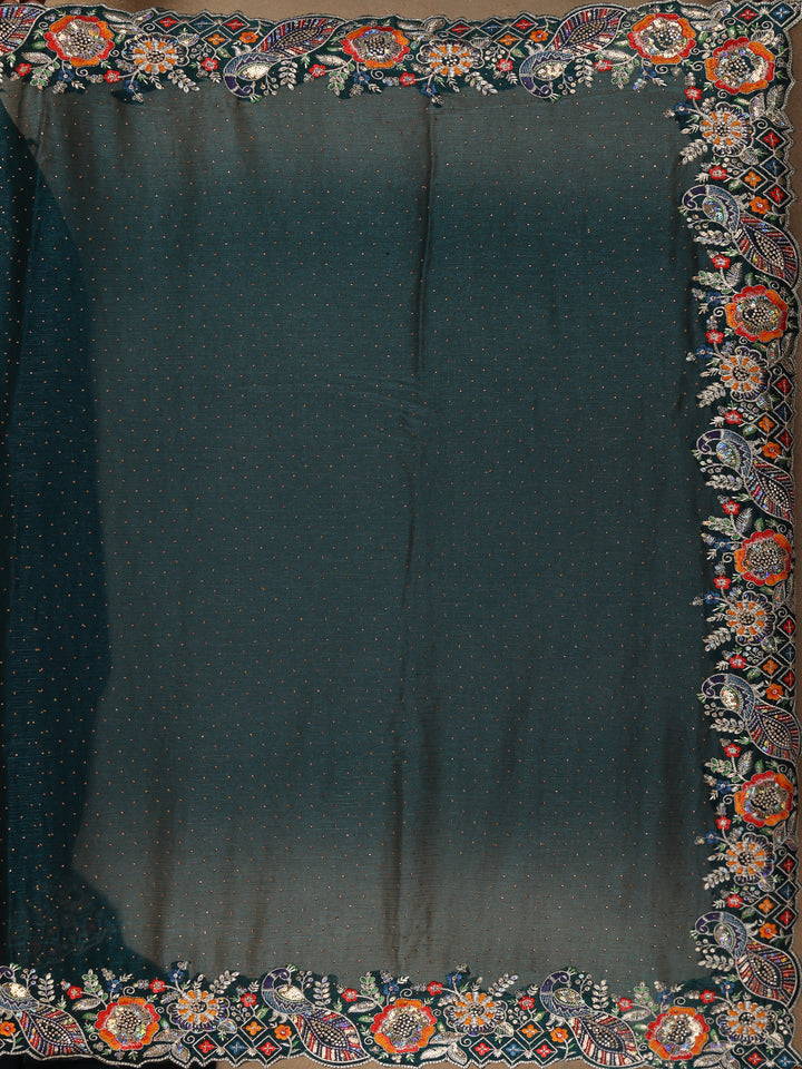 Dark Bottle Green Floral Embellished Chiffon Saree - Diadem