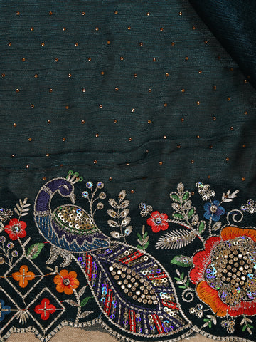 Dark Bottle Green Floral Embellished Chiffon Saree - Diadem