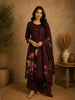 Dark Chocolate Brown Floral Embroidered Cotton Salwar Suit with Dupatta