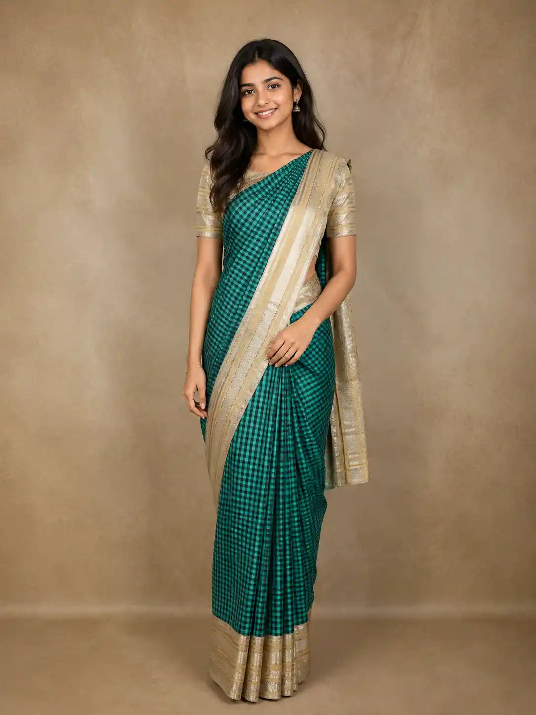 Dark Green Checked Design Pure Kanchipuram Silk Saree with Gold Zari Border