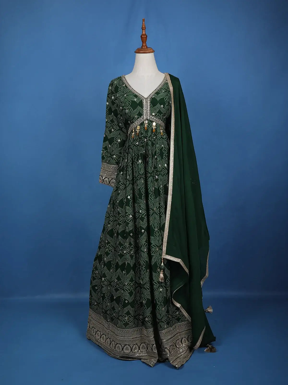 Dark Green Floral Design Bead And Printed Work Georgette Gown - Diadem
