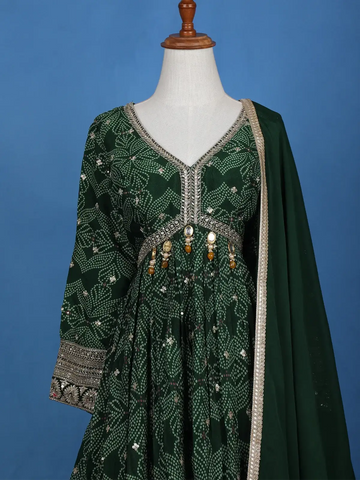 Dark Green Floral Design Bead And Printed Work Georgette Gown - Diadem