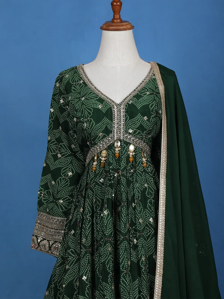 Dark Green Floral Design Bead And Printed Work Georgette Gown - Diadem