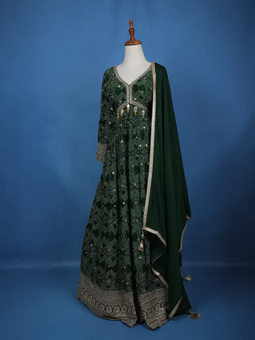 Dark Green Floral Design Bead And Printed Work Georgette Gown - Diadem