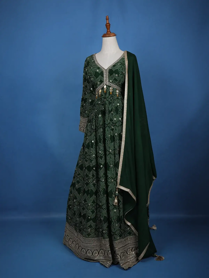 Dark Green Floral Design Bead And Printed Work Georgette Gown - Diadem