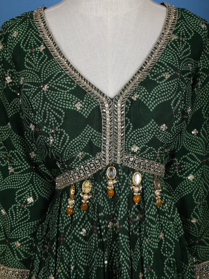 Dark Green Floral Design Bead And Printed Work Georgette Gown - Diadem