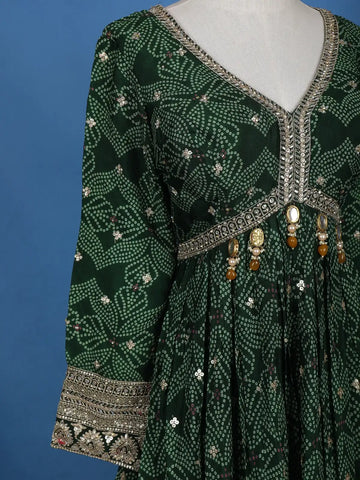 Dark Green Floral Design Bead And Printed Work Georgette Gown - Diadem