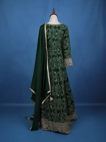 Dark Green Floral Design Bead And Printed Work Georgette Gown - Diadem