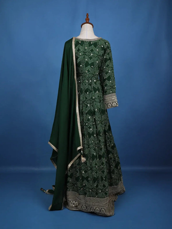 Dark Green Floral Design Bead And Printed Work Georgette Gown - Diadem