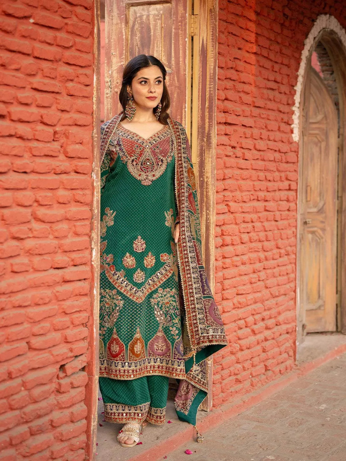 Dark Green Floral Design Crepe Palazzo Salwar Suit - Diadem
