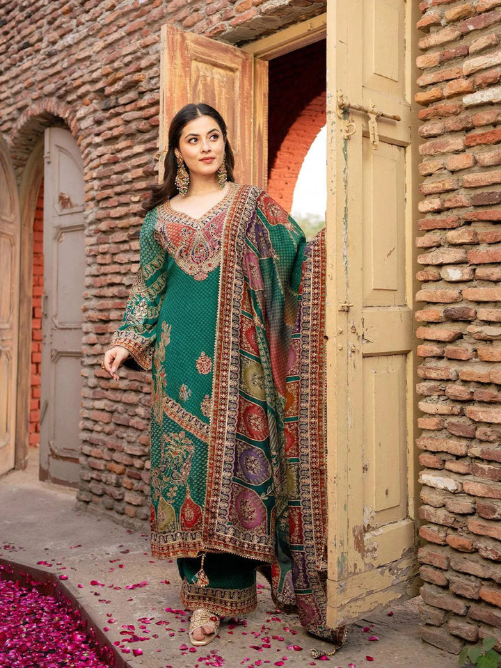 Dark Green Floral Design Crepe Palazzo Salwar Suit - Diadem