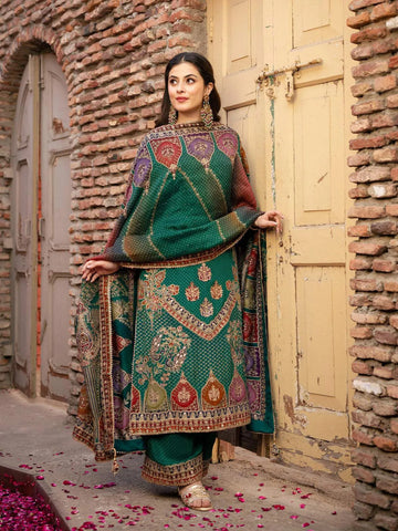 Dark Green Floral Design Crepe Palazzo Salwar Suit - Diadem