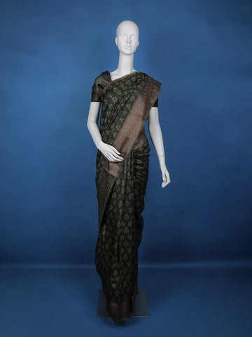 Dark Green Floral Designed Chanderi Cotton Saree - Diadem