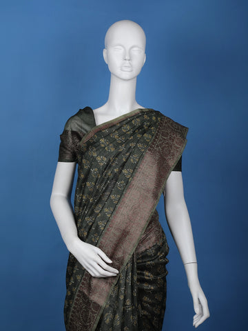 Dark Green Floral Designed Chanderi Cotton Saree - Diadem