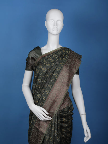 Dark Green Floral Designed Chanderi Cotton Saree - Diadem