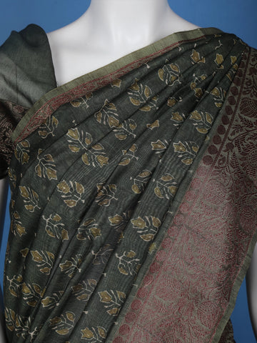 Dark Green Floral Designed Chanderi Cotton Saree - Diadem