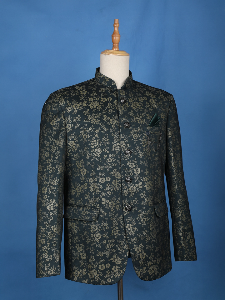 Dark Green Floral Designed Jodhpuri Men's Suit - Diadem