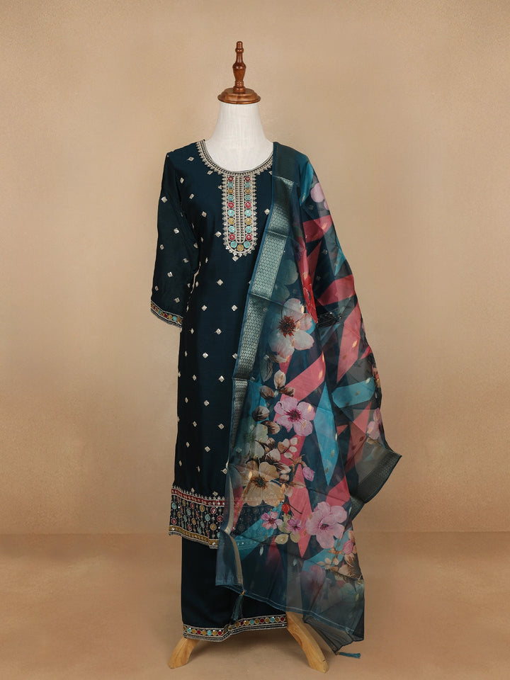 Dark Green Floral Designed Semi Silk Salwar Suit - Diadem