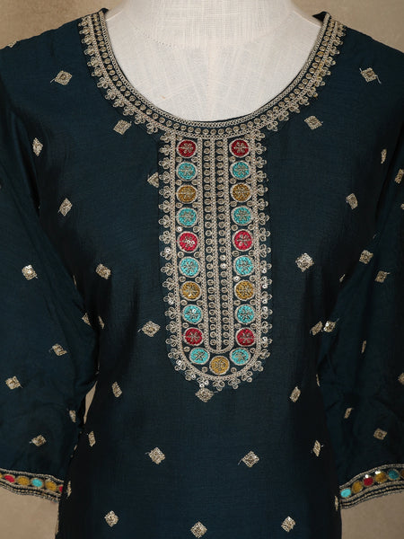 Dark Green Floral Designed Semi Silk Salwar Suit - Diadem