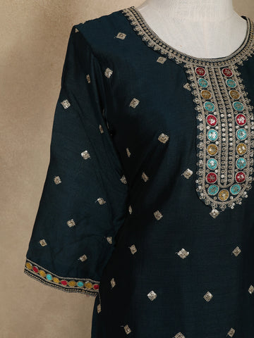 Dark Green Floral Designed Semi Silk Salwar Suit - Diadem